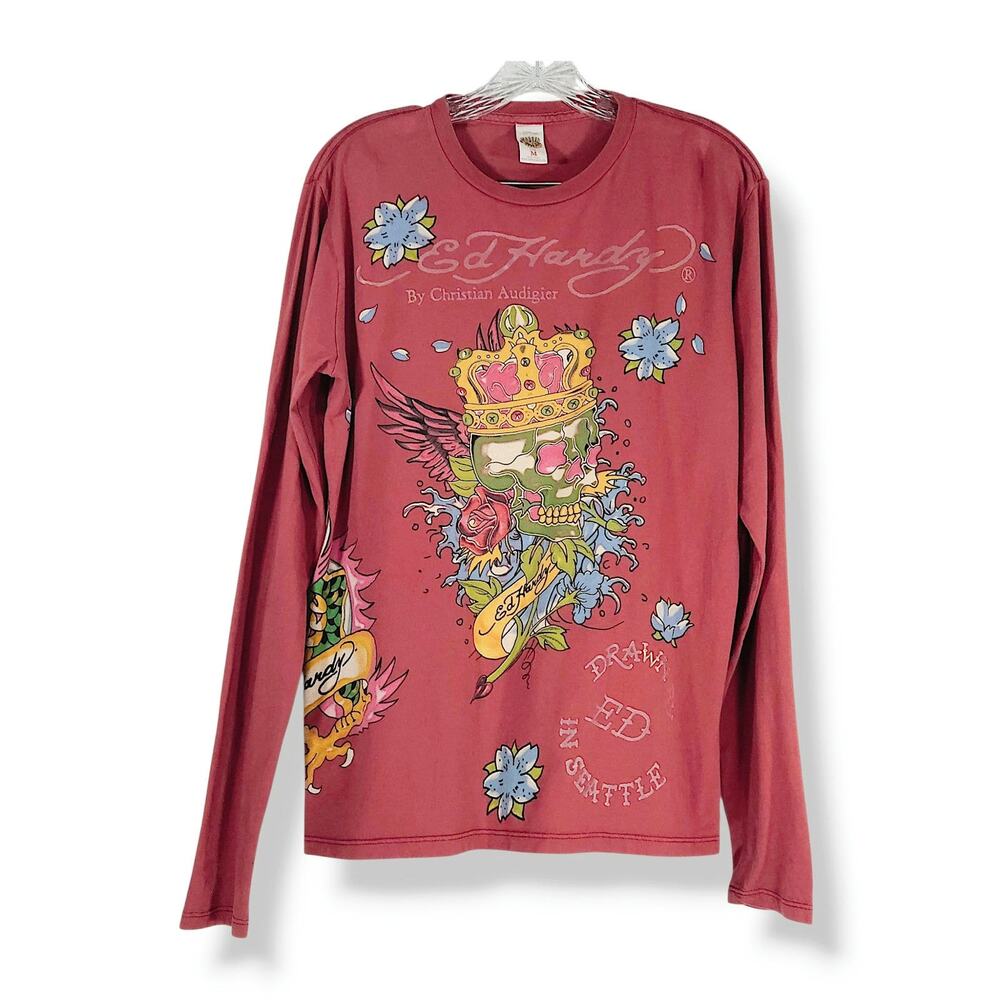 Ed Hardy Christian Audigier Long Sleeve Graphic Tee Skull Crown Maroon VTG Y2K M